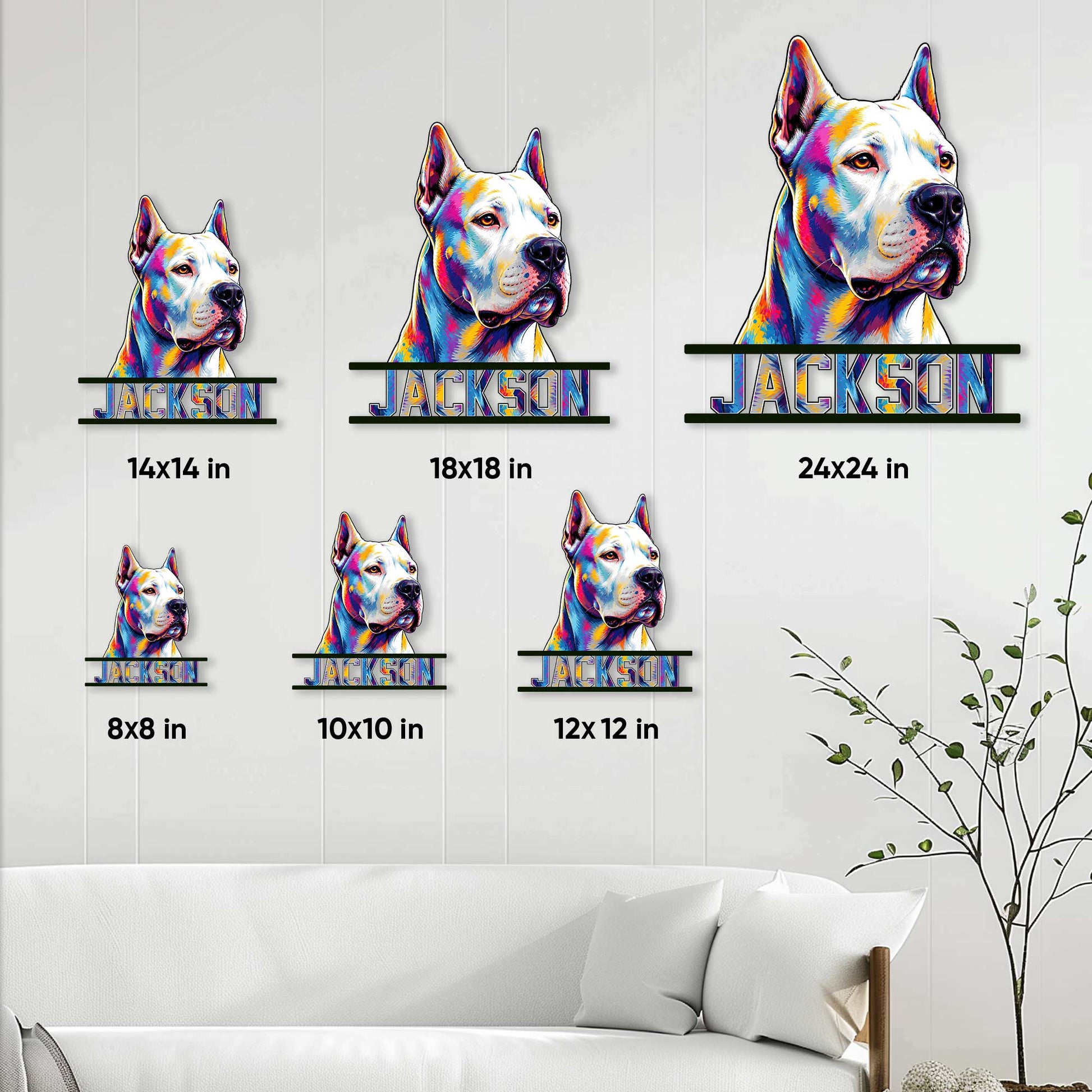 Dogo Argentino metal sign shown in multiple size options above a modern living room sofa