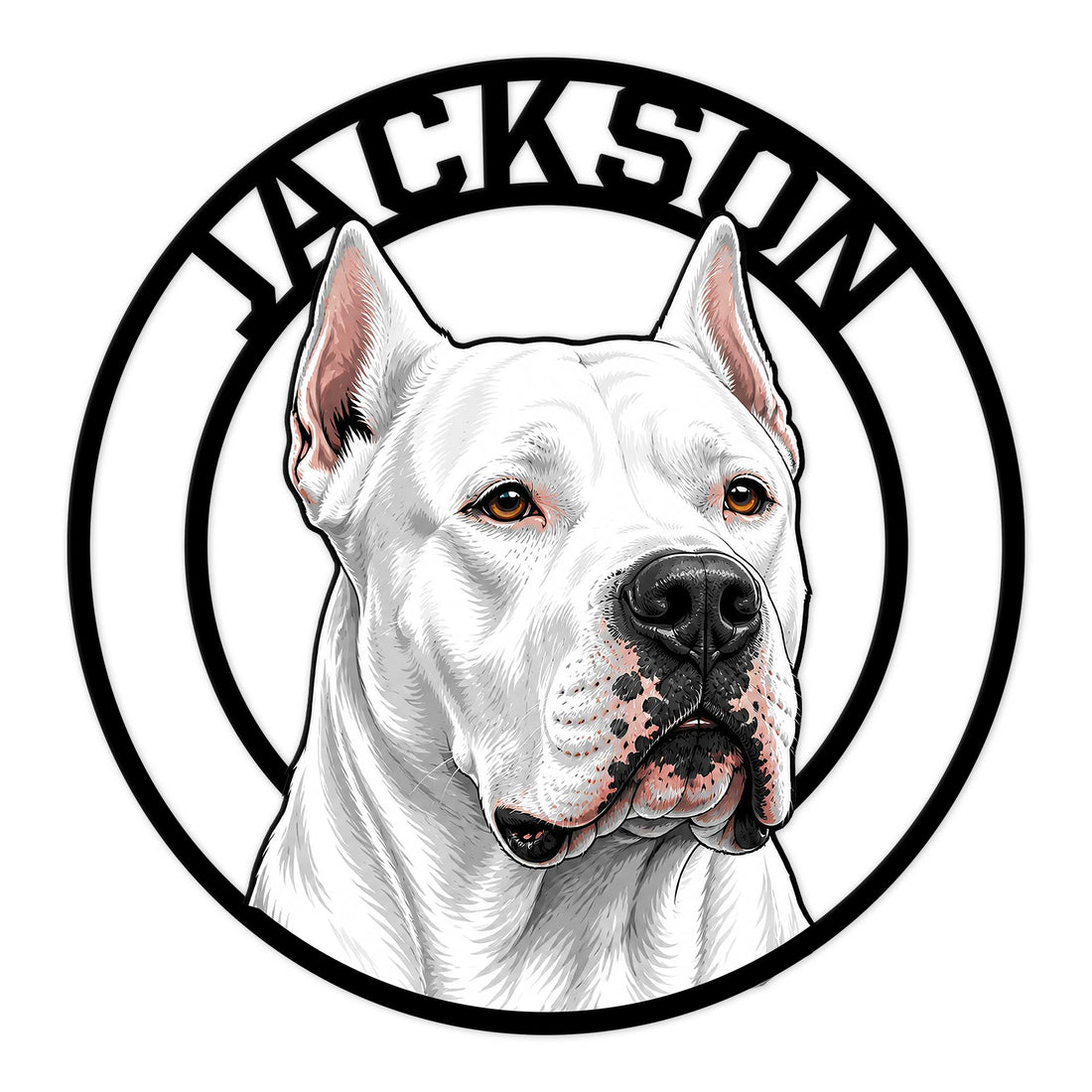Custom Dogo Argentino metal sign featuring a detailed white dog portrait inside a bold circular frame