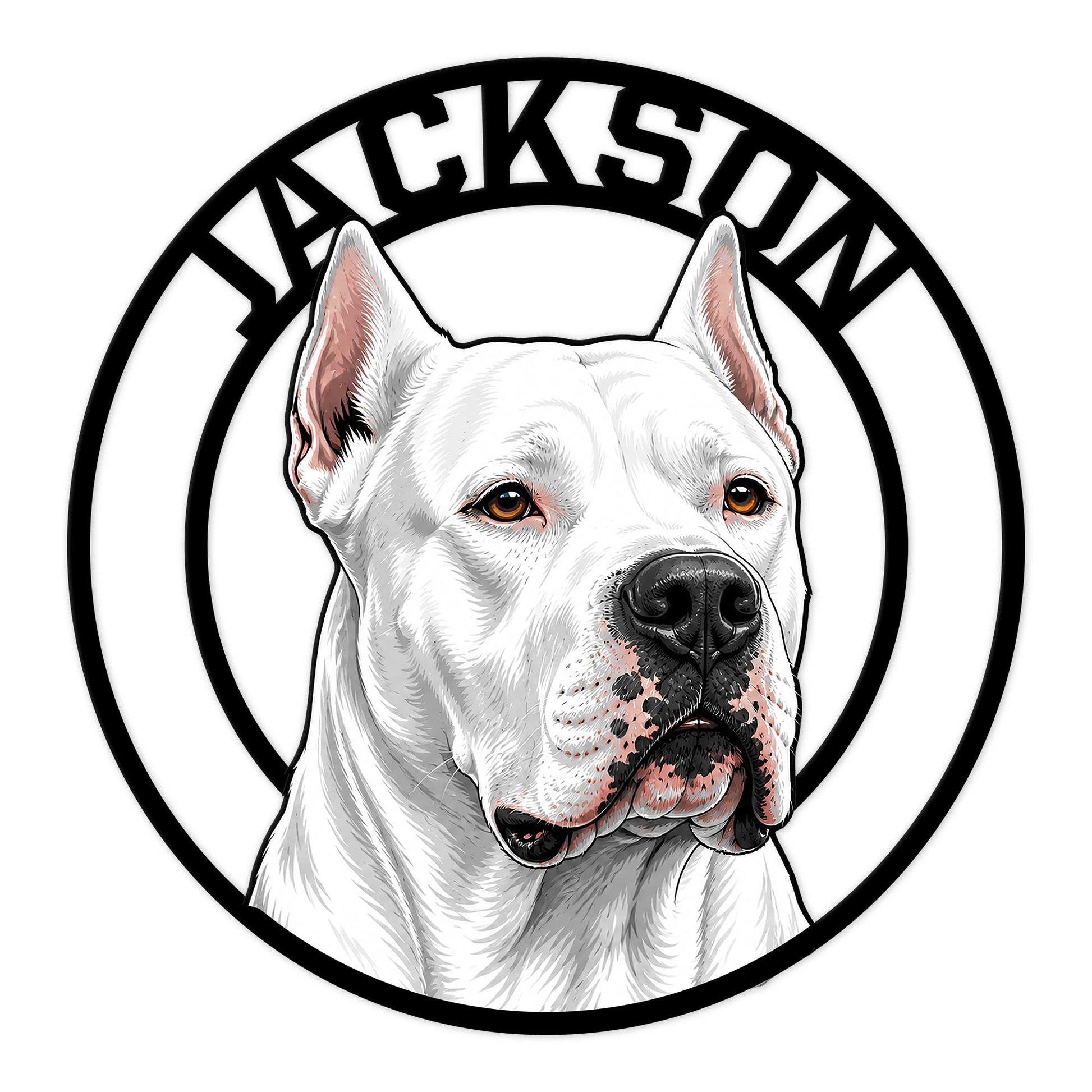Custom Dogo Argentino metal sign featuring a detailed white dog portrait inside a bold circular frame