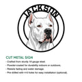 Dogo Argentino cut metal sign showcasing a detailed white dog portrait and circular breed design