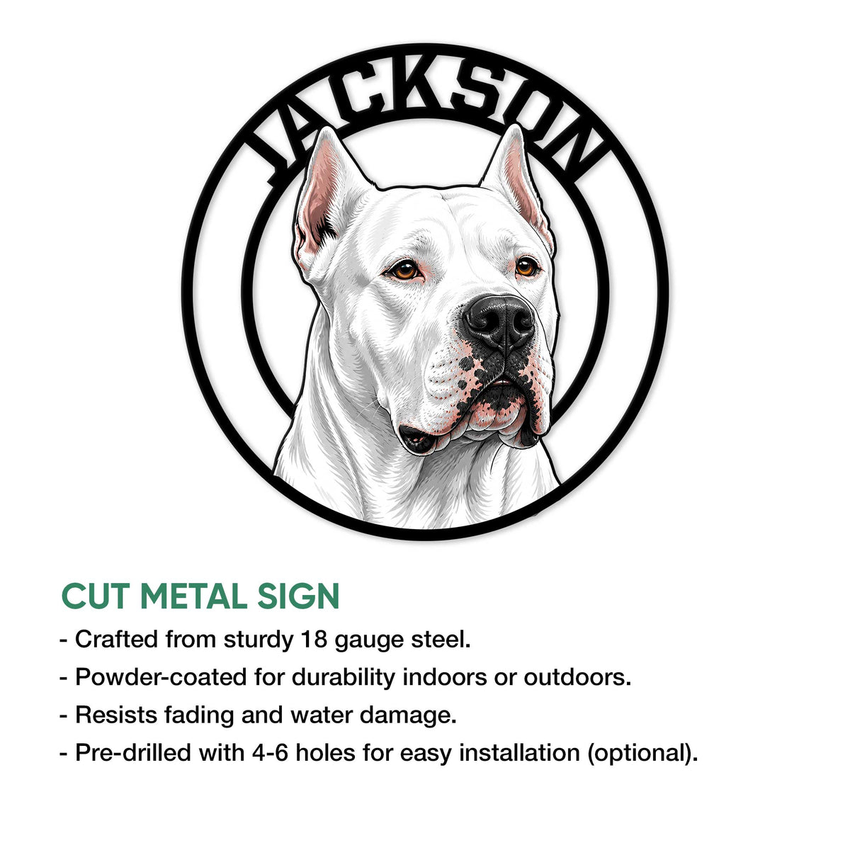 Dogo Argentino cut metal sign showcasing a detailed white dog portrait and circular breed design