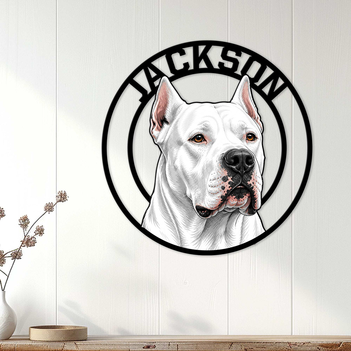 Dogo Argentino wall decor displayed on a white paneled wall in a bright home interior