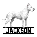 Low-poly Dogo Argentino metal sign featuring a standing white dog design with bold decorative lettering