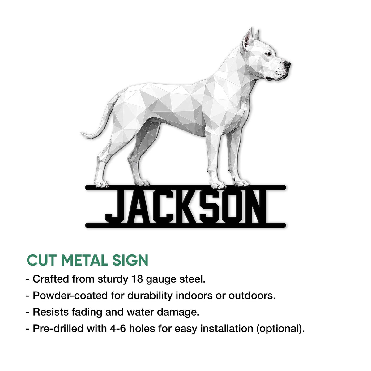Dogo Argentino cut metal sign shown with a low-poly dog design and product feature information