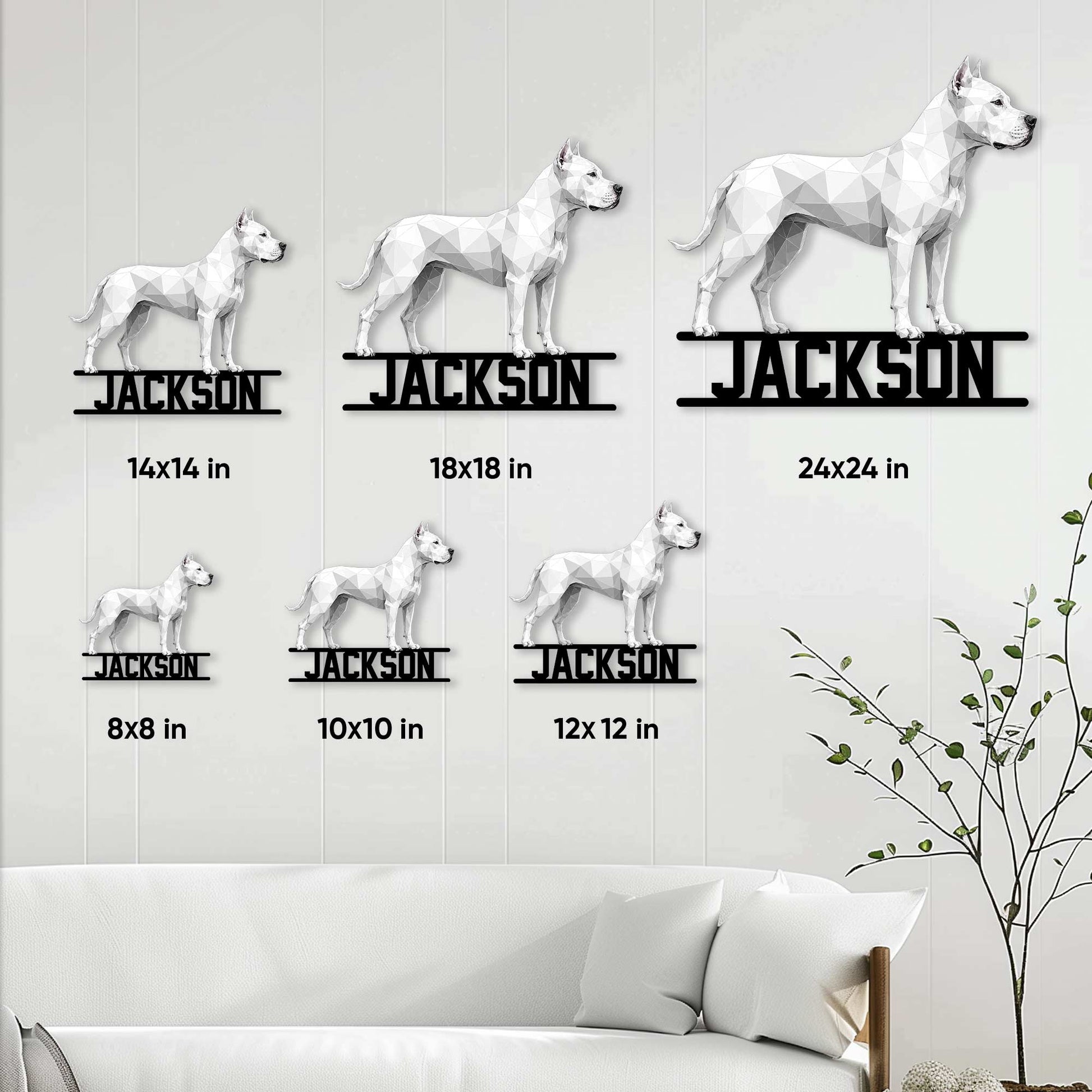 Dogo Argentino metal sign size guide showing available square sizes from 8 by 8 to 24 by 24 inches