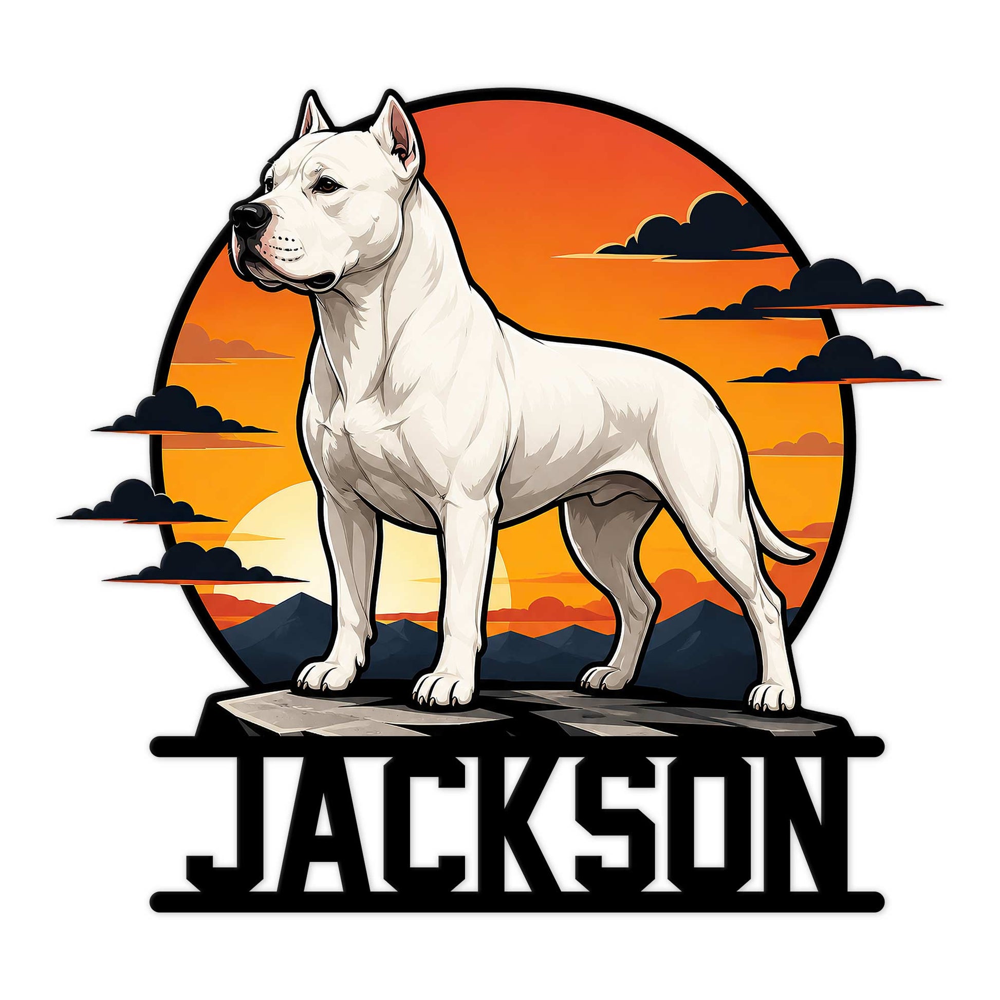 Dogo Argentino metal sign featuring a white dog portrait against an orange sunset and mountain landscape