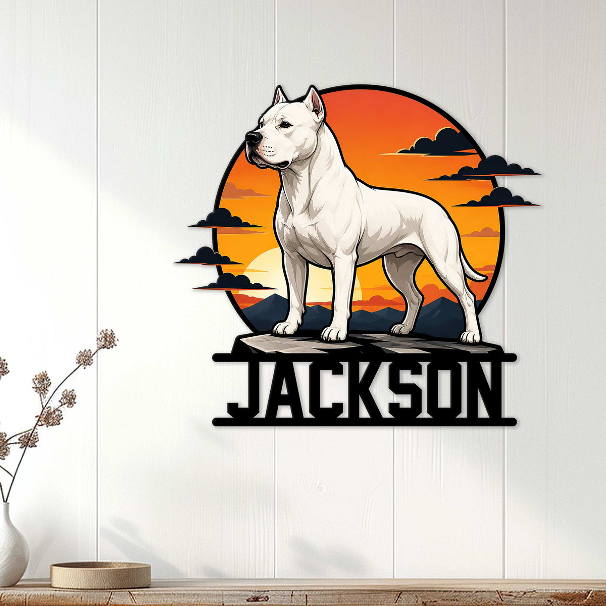 Dogo Argentino wall sign displayed on a white paneled wall as distinctive dog lover decor