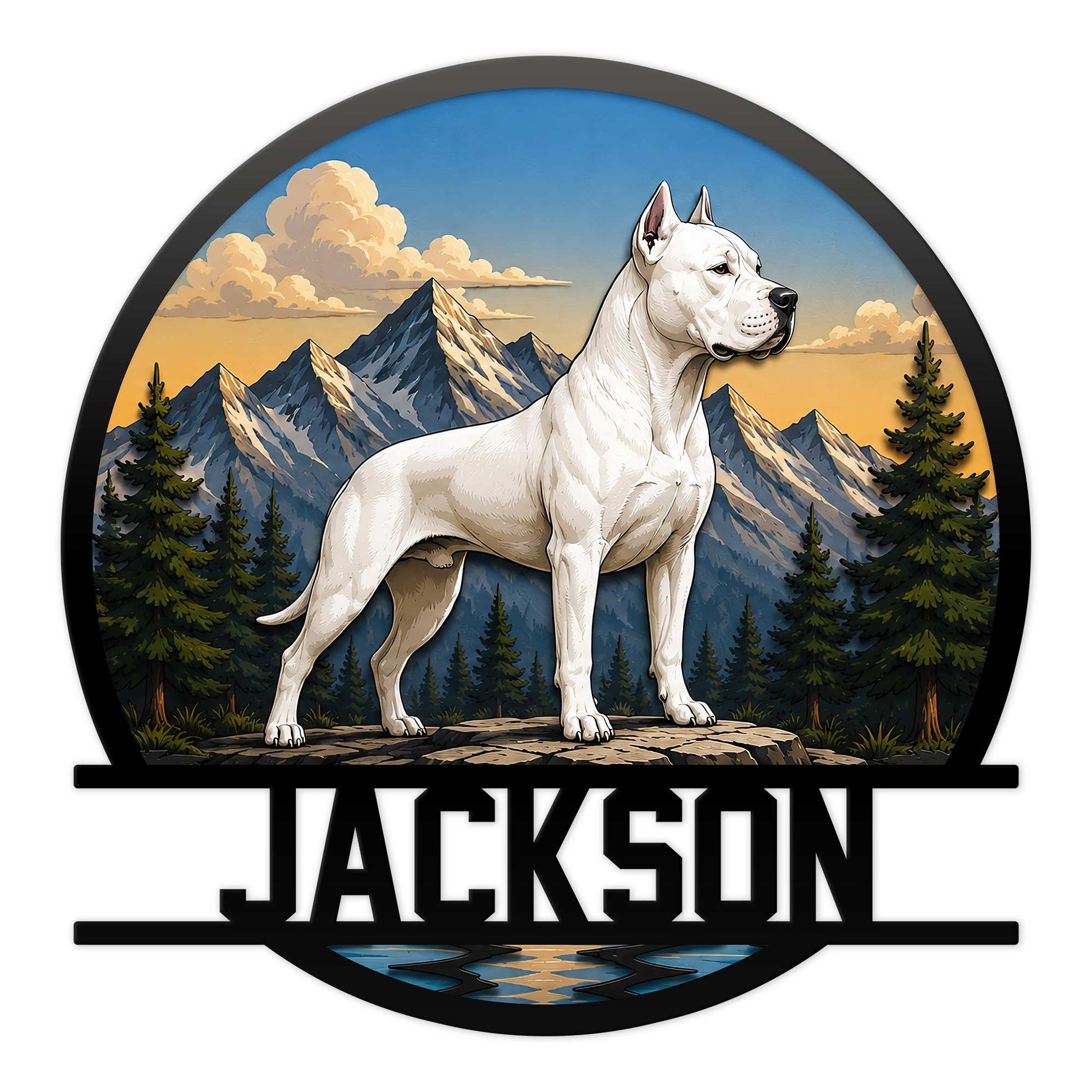 Dogo Argentino metal sign featuring a white dog standing before mountain peaks and evergreen trees