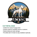 Dogo Argentino cut metal sign shown with product feature details for indoor or outdoor display