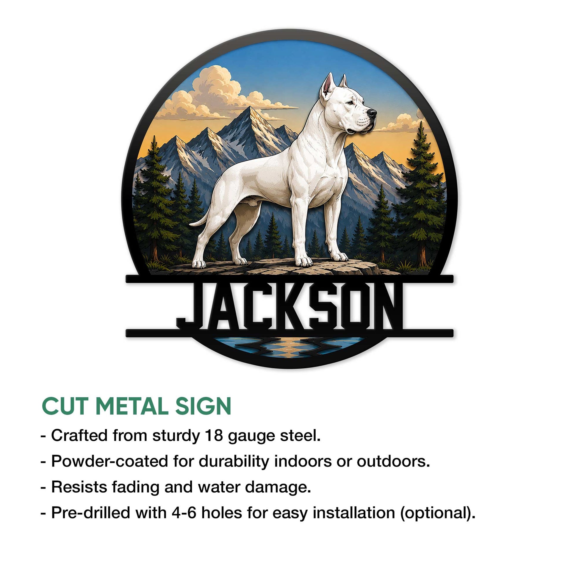 Dogo Argentino cut metal sign shown with product feature details for indoor or outdoor display