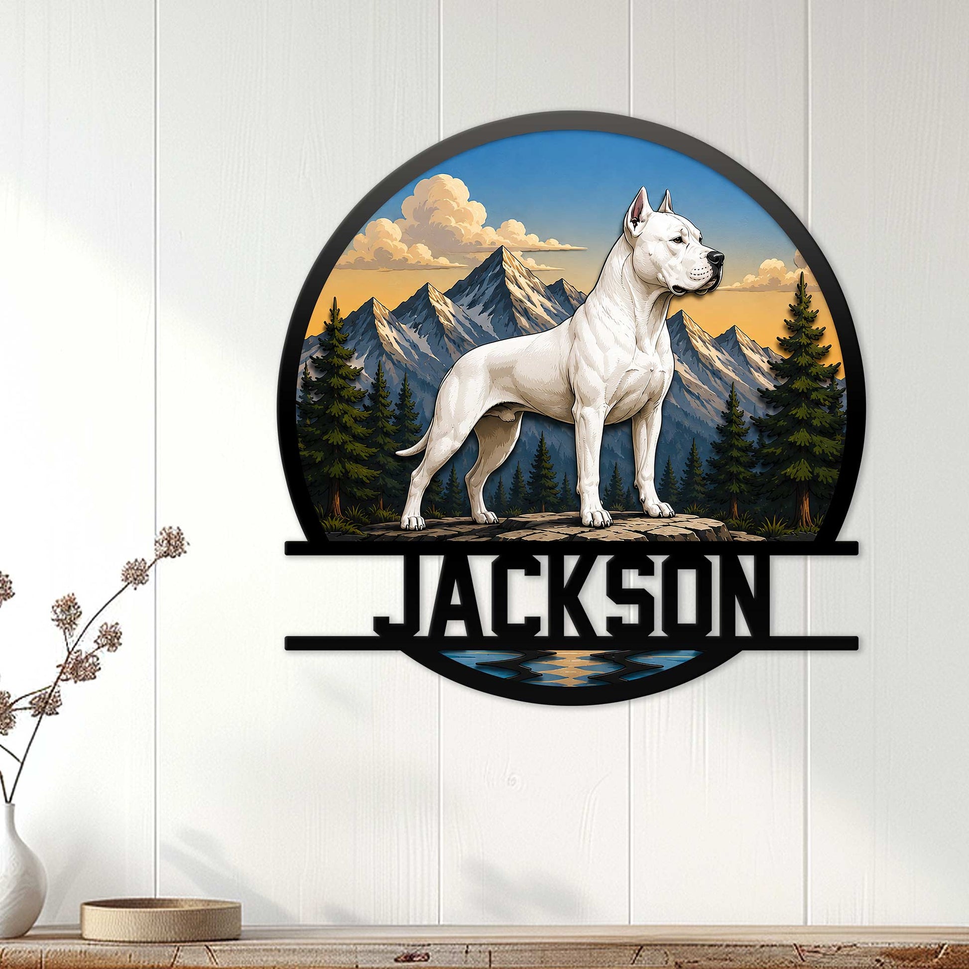 Dogo Argentino wall sign displayed on a white paneled wall in a bright home setting
