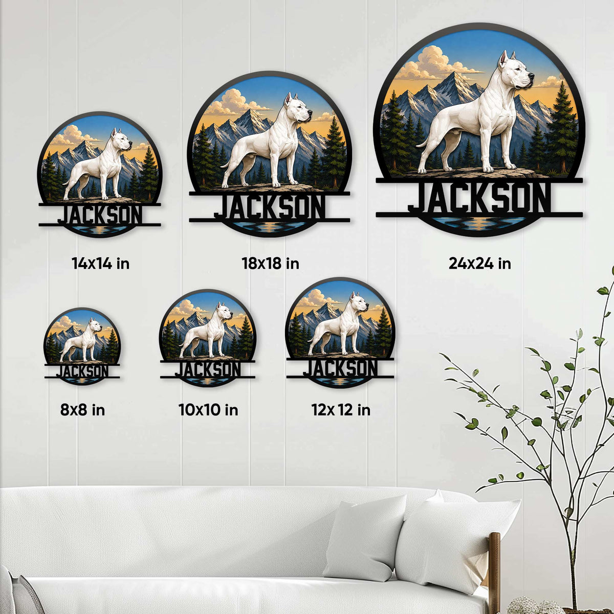 Dogo Argentino metal sign size guide showing six available square sizes from 8x8 to 24x24 inches