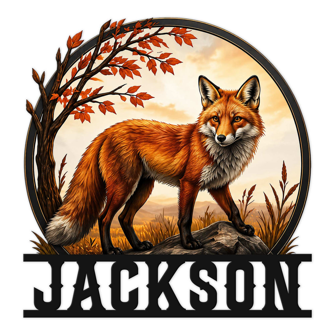 Custom fox metal sign featuring a realistic red fox beneath autumn branches in a circular woodland scene