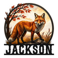 Custom fox metal sign featuring a realistic red fox beneath autumn branches in a circular woodland scene