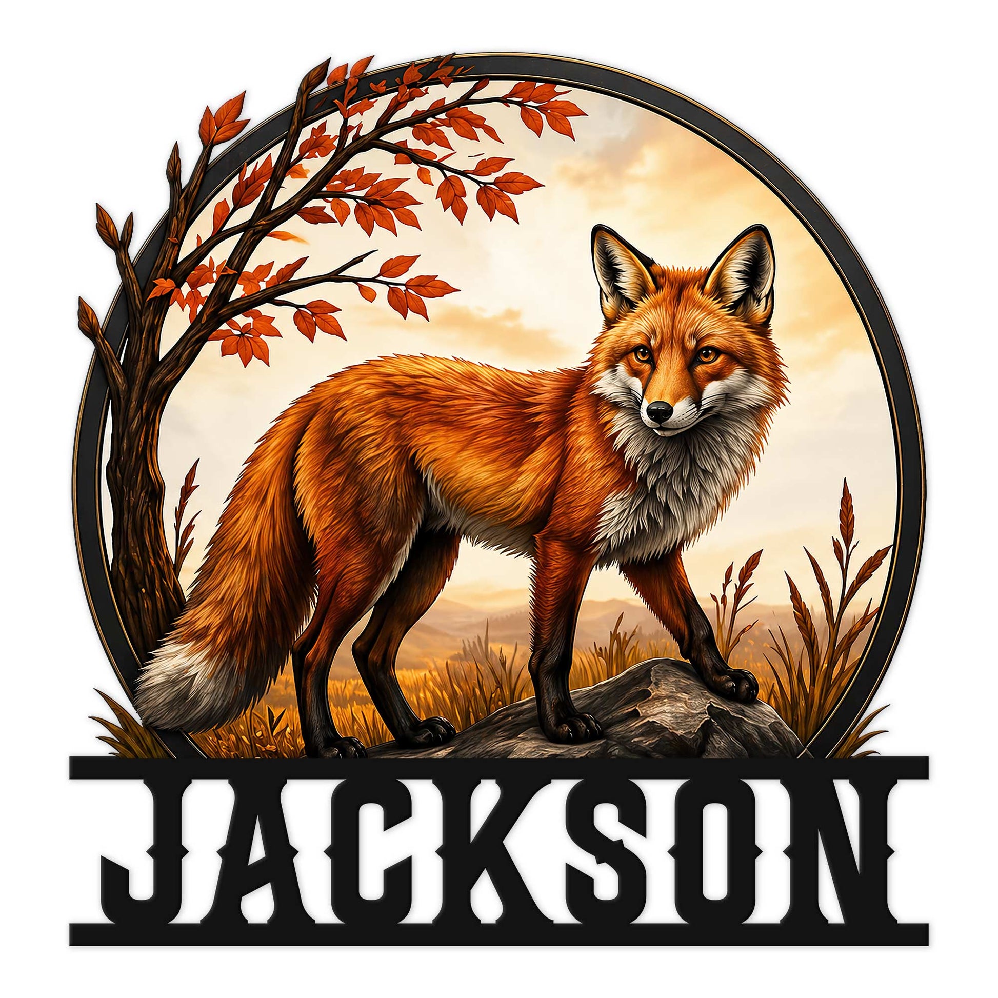 Custom fox metal sign featuring a realistic red fox beneath autumn branches in a circular woodland scene