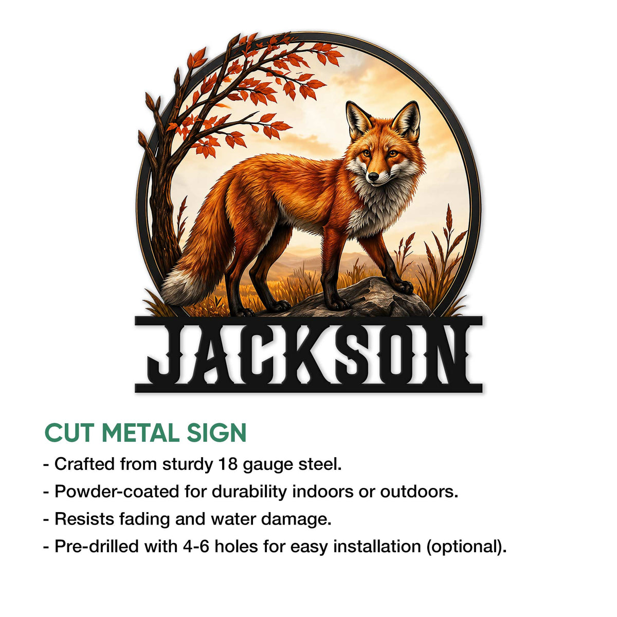 Fox metal sign shown with a detailed woodland design and cut metal sign feature information