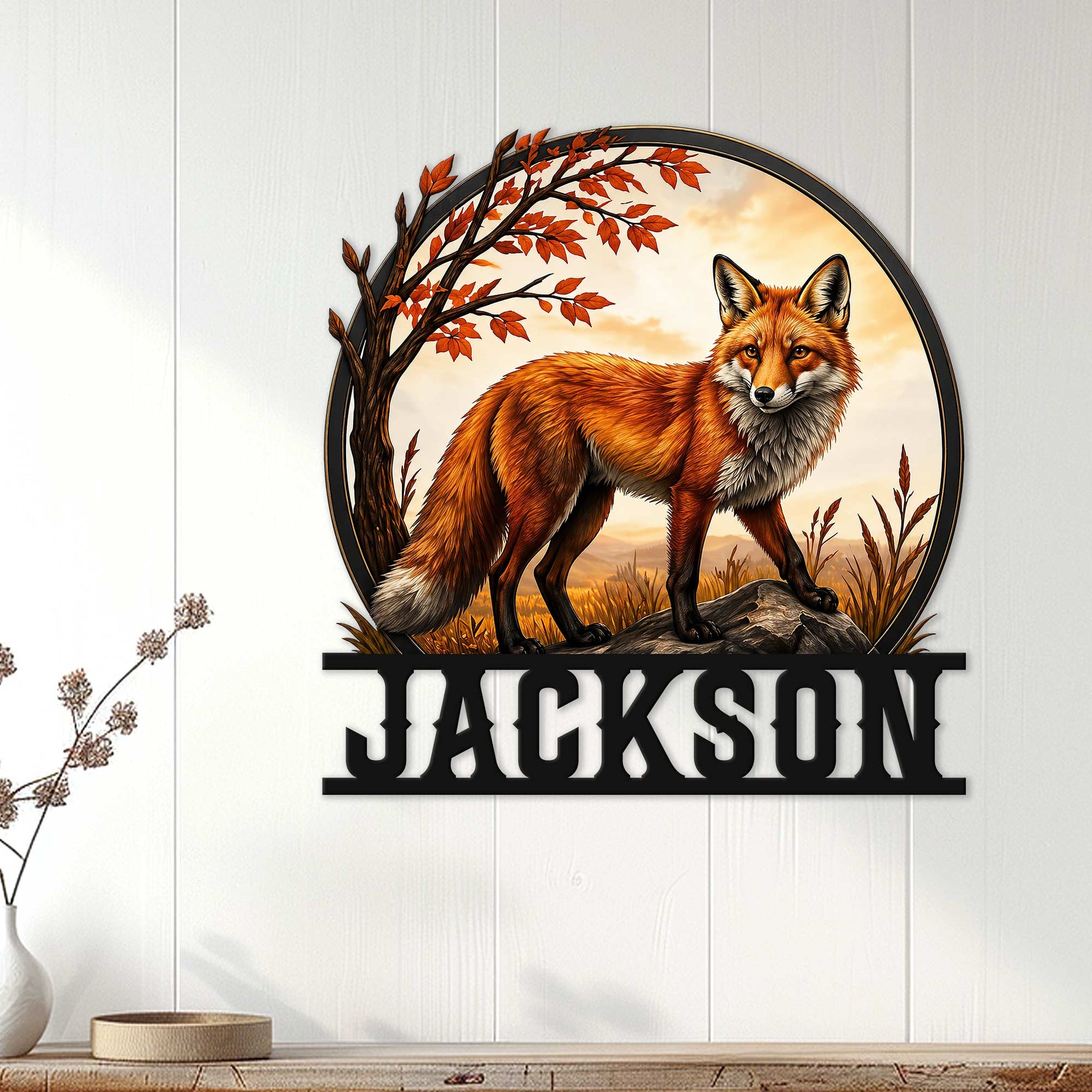 Fox wall decor displayed on a light paneled wall, featuring a red fox in an autumn woodland setting