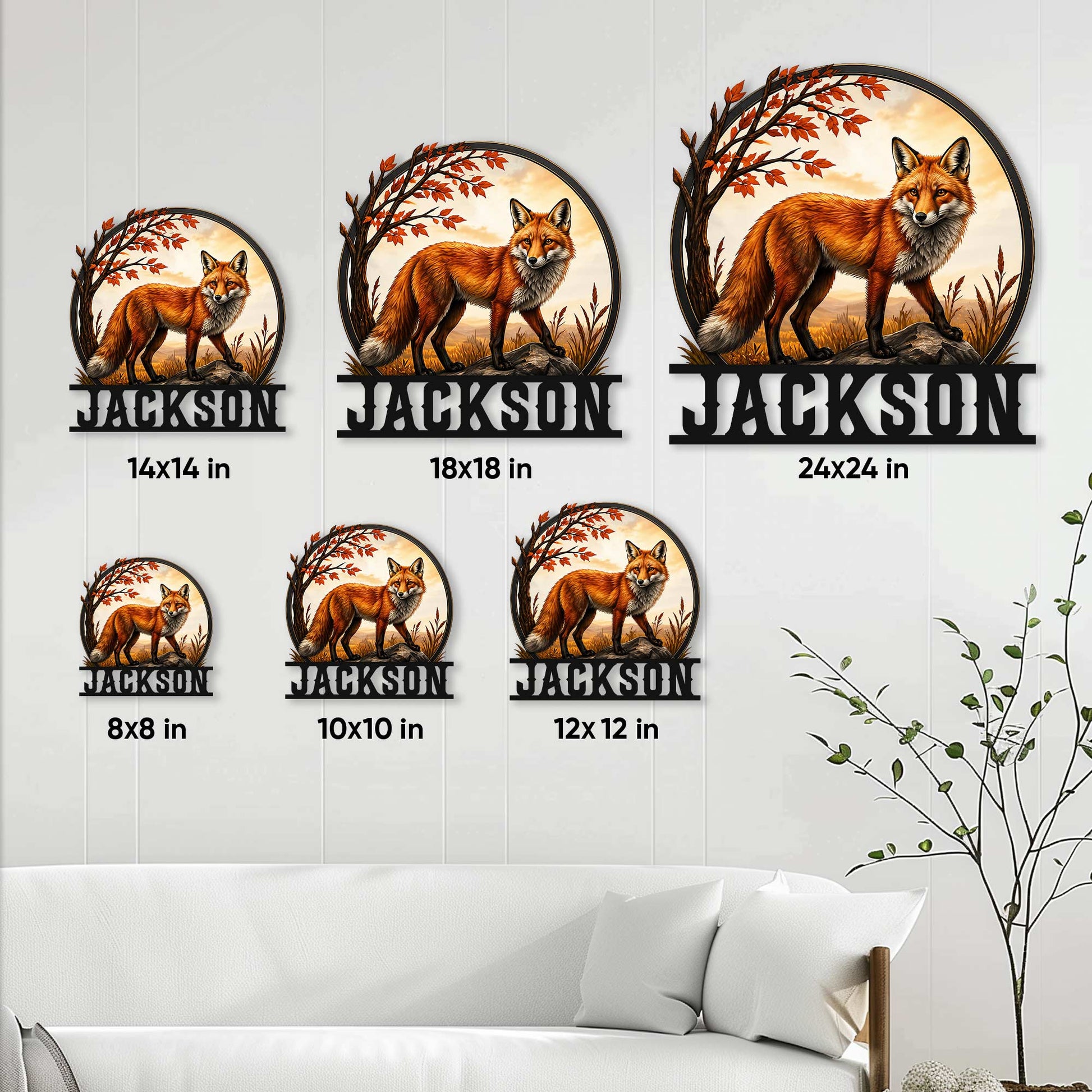 Fox metal sign size guide showing multiple square size options displayed together in a living room