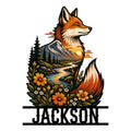 Custom fox metal sign featuring a colorful fox, mountain landscape, river, pine trees, and wildflowers