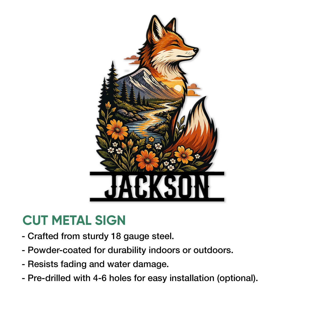 Fox metal sign product infographic showing the cut metal sign and its indoor or outdoor decor features
