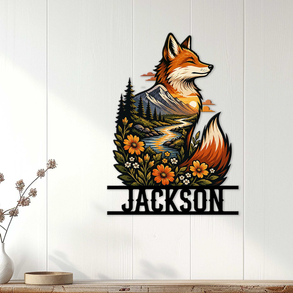 Fox wall decor displayed on a white paneled wall, combining a mountain landscape with colorful wildflowers