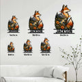 Fox metal sign size guide showing multiple available square sizes in a bright living room setting