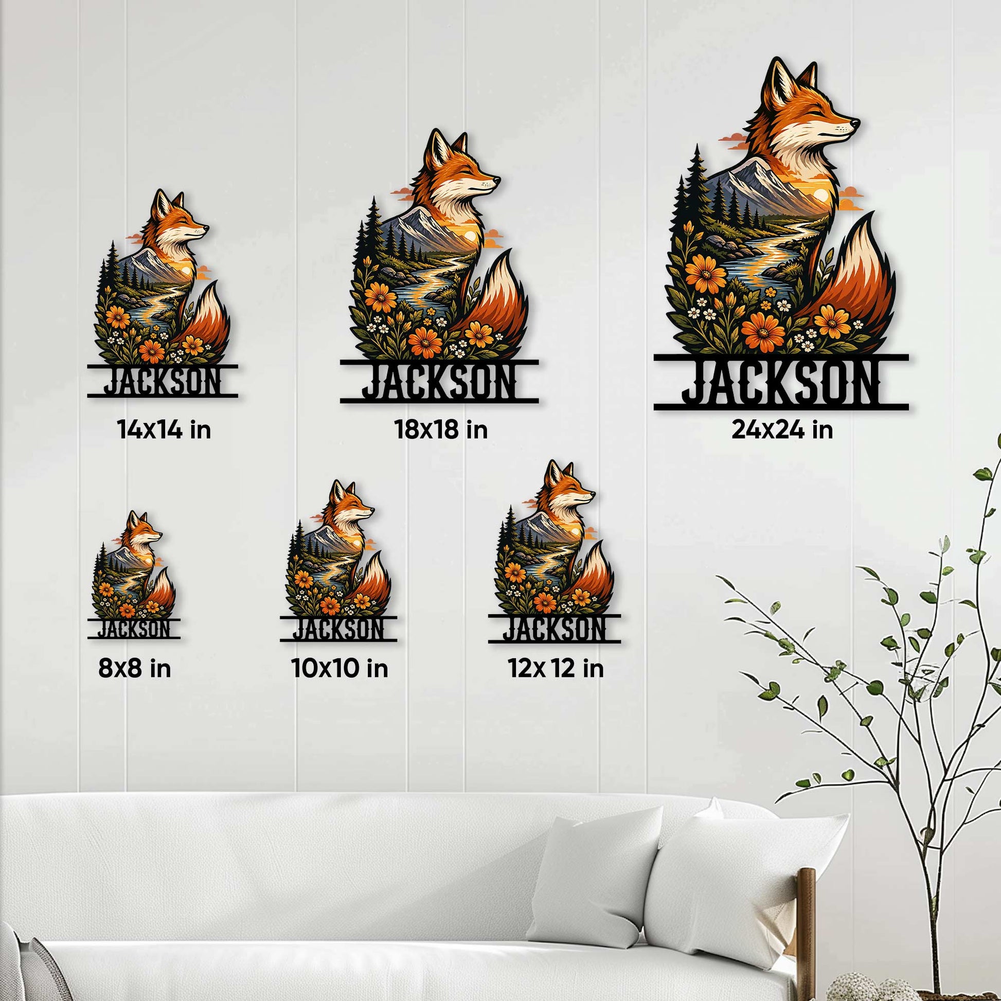 Fox metal sign size guide showing multiple available square sizes in a bright living room setting