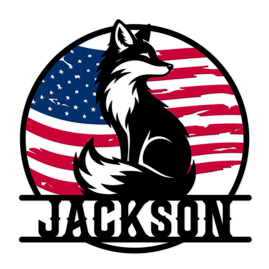 Custom fox metal sign featuring a seated fox silhouette against a distressed American flag design