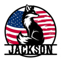 Custom fox metal sign featuring a seated fox silhouette against a distressed American flag design