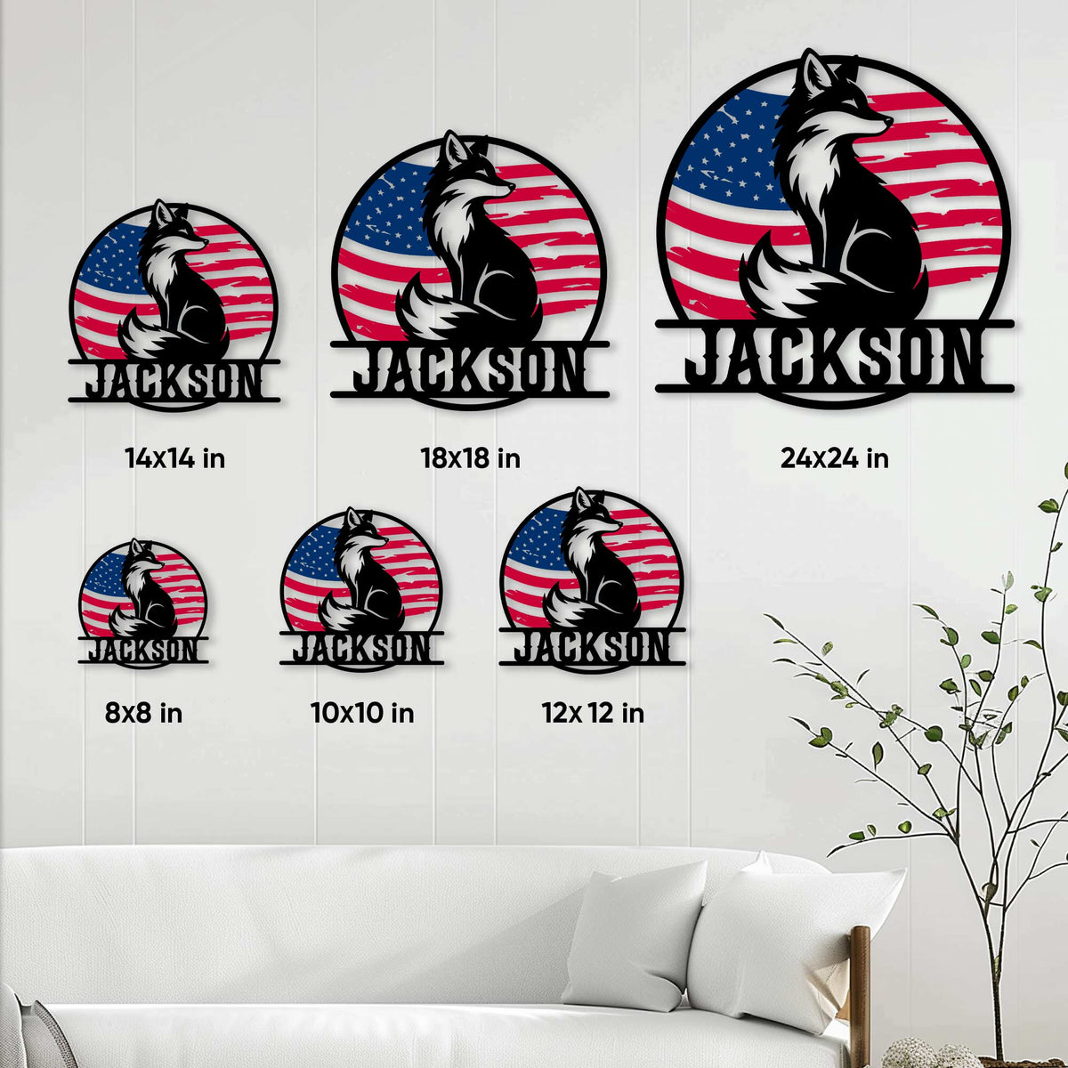 Fox metal sign size guide showing available square dimensions from 8 by 8 to 24 by 24 inches