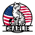 Patriotic tabby cat metal sign featuring a seated cat silhouette against a distressed American flag