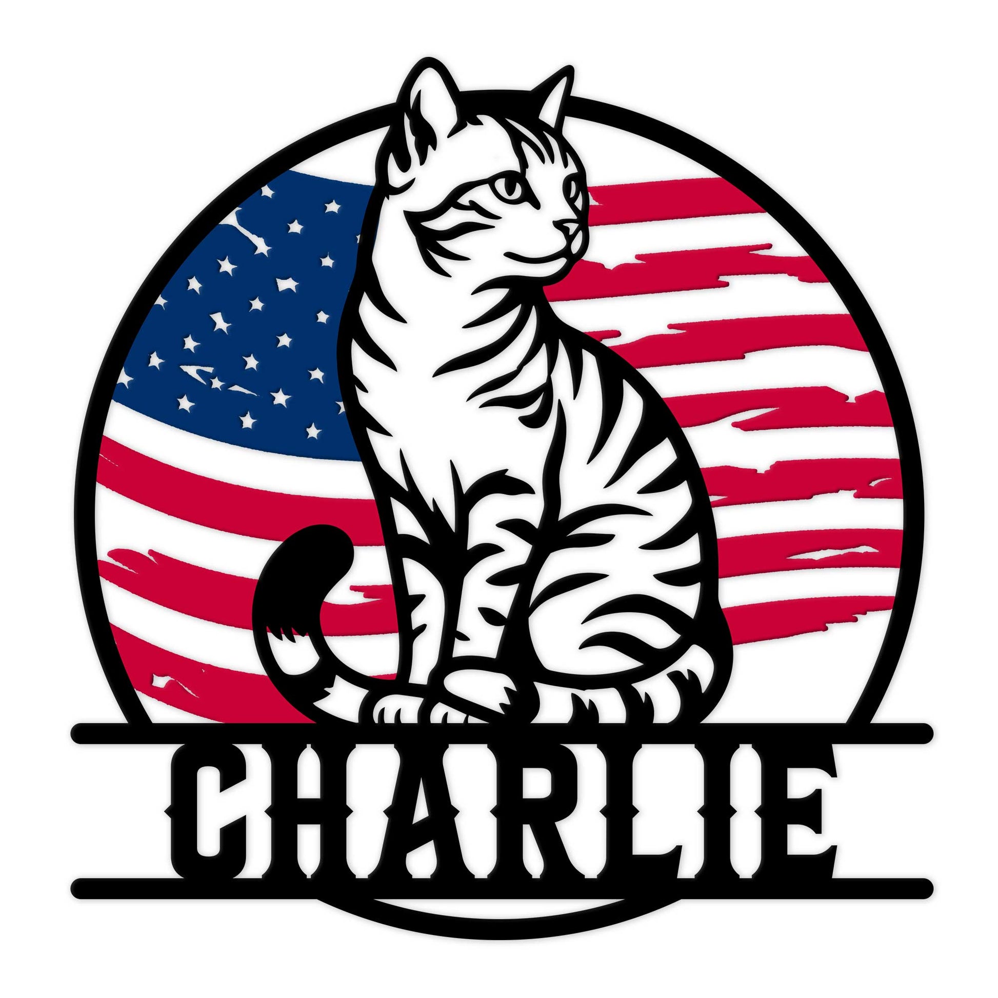 Patriotic tabby cat metal sign featuring a seated cat silhouette against a distressed American flag