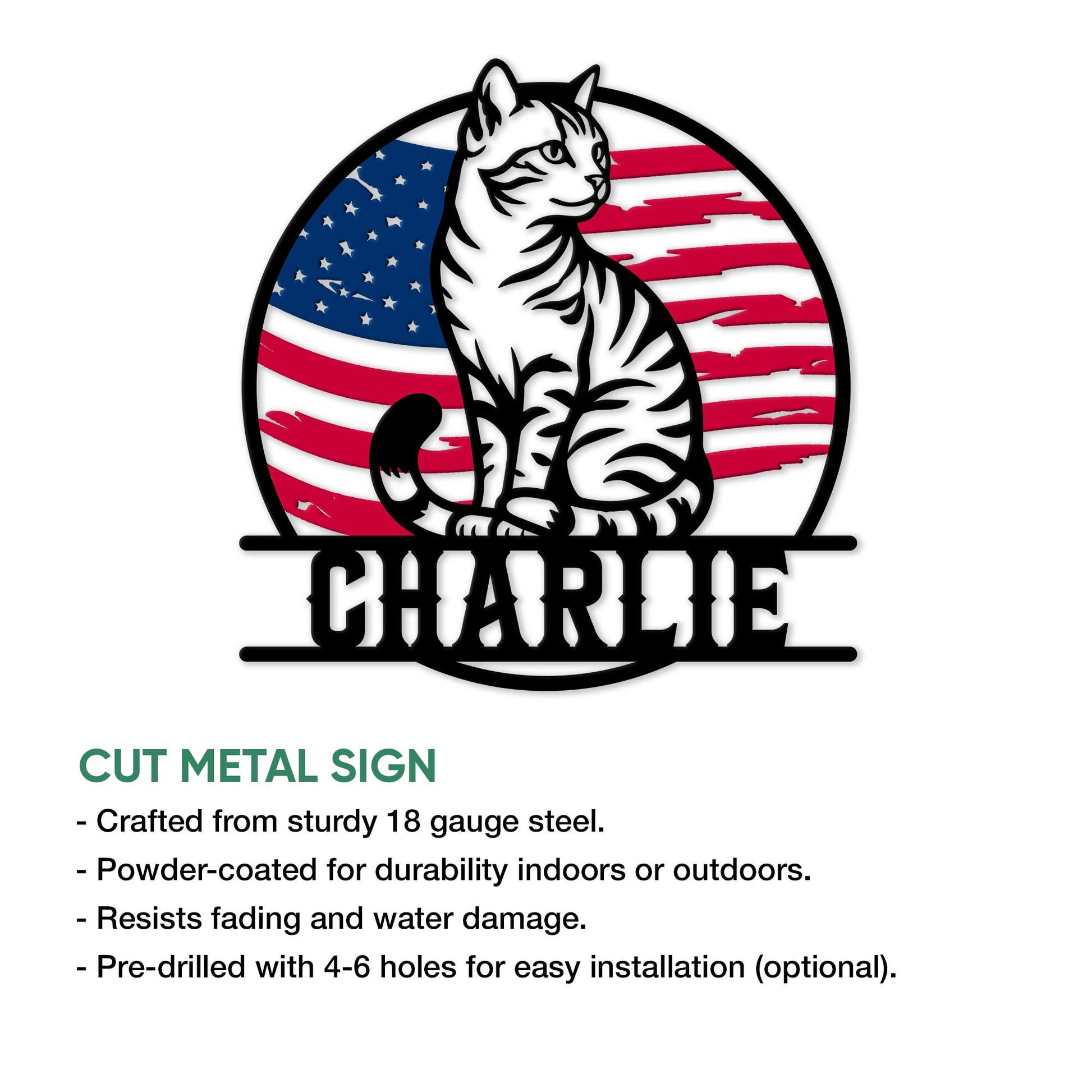 Tabby cat metal sign with bold American flag artwork shown in a cut-metal product feature graphic