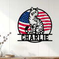 Patriotic tabby cat wall sign displayed on white wood paneling in a bright home decor setting