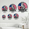 Tabby cat metal sign size guide showing multiple square size options displayed on a living room wall