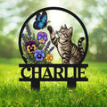 Tabby cat metal garden sign with a butterfly, colorful flowers, and a bold custom design