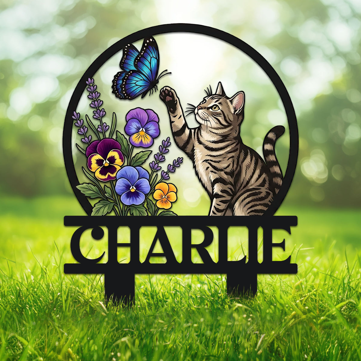 Tabby cat metal garden sign with a butterfly, colorful flowers, and a bold custom design