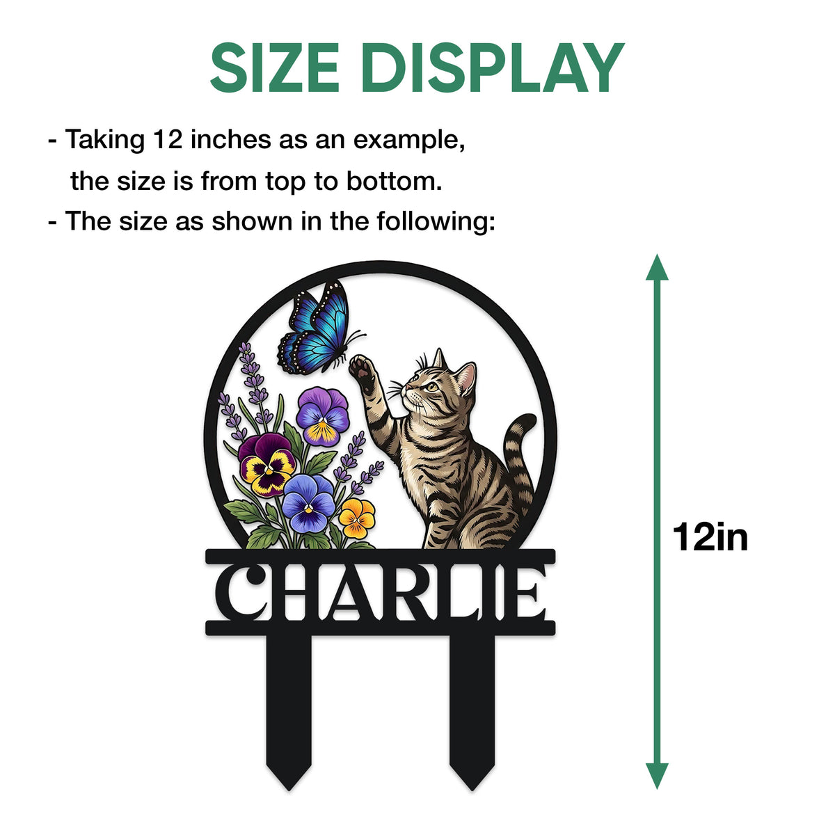 Tabby cat garden sign size guide showing the overall top-to-bottom measurement