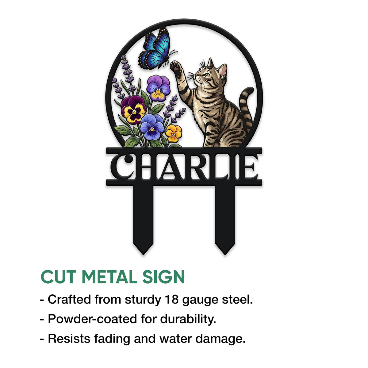 Cut metal tabby cat garden sign featuring a butterfly, pansies, and a raised paw