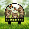 Custom tabby cat garden metal sign featuring three playful kittens and butterflies in a circular design