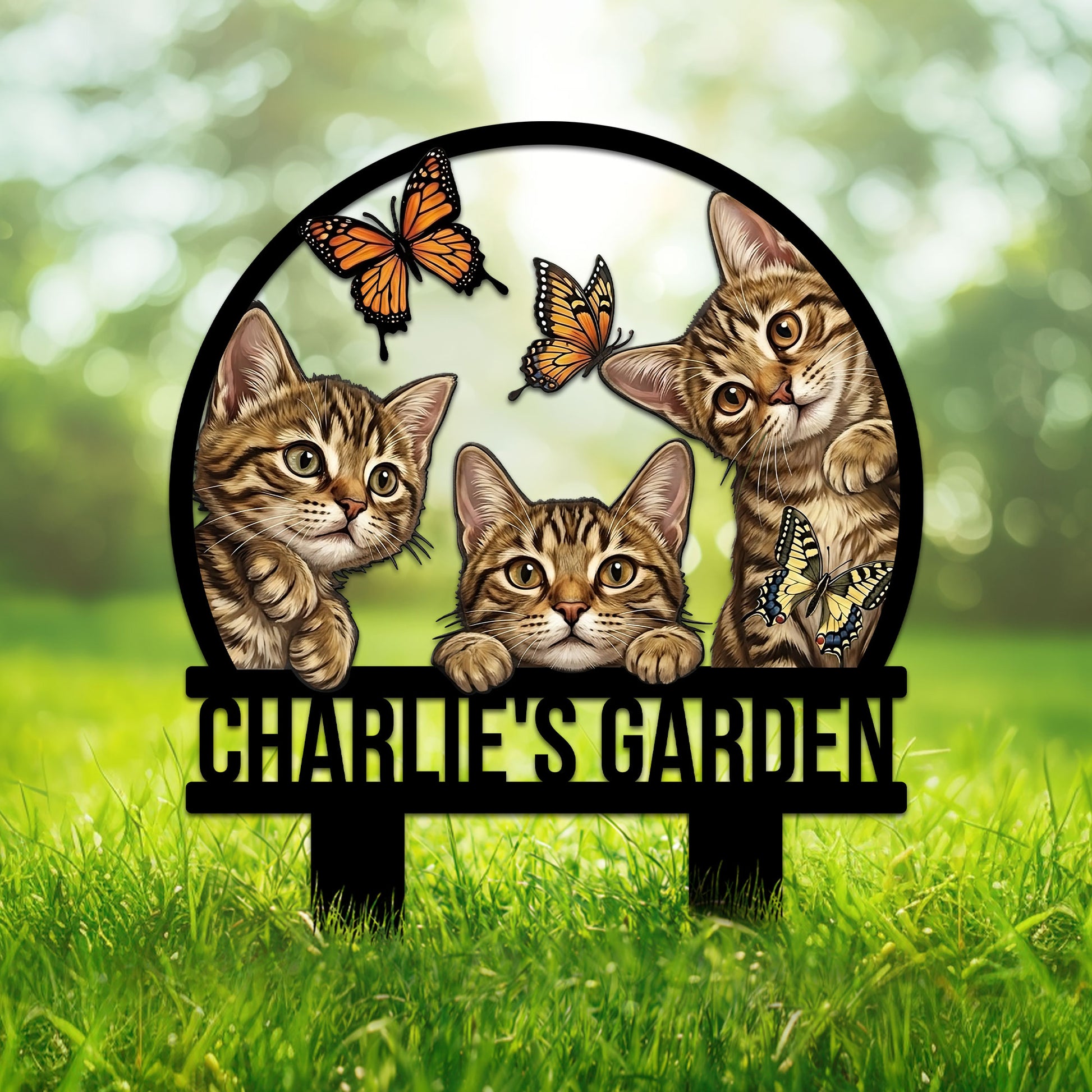 Custom tabby cat garden metal sign featuring three playful kittens and butterflies in a circular design