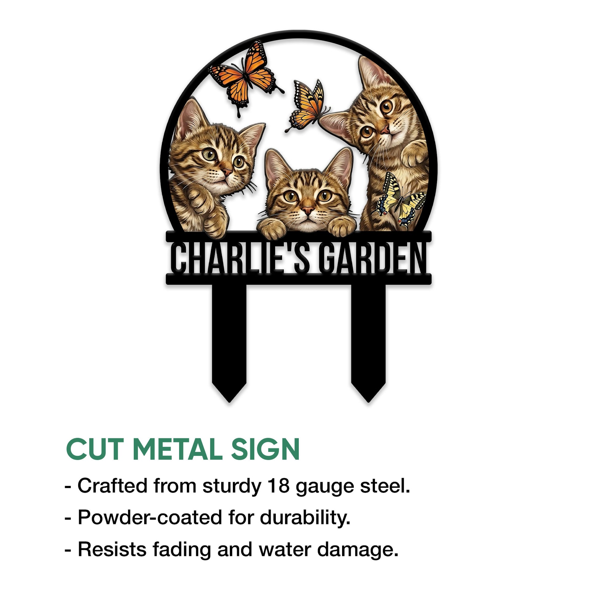 Tabby cat garden stake metal sign displayed on a white background with three kittens and butterflies