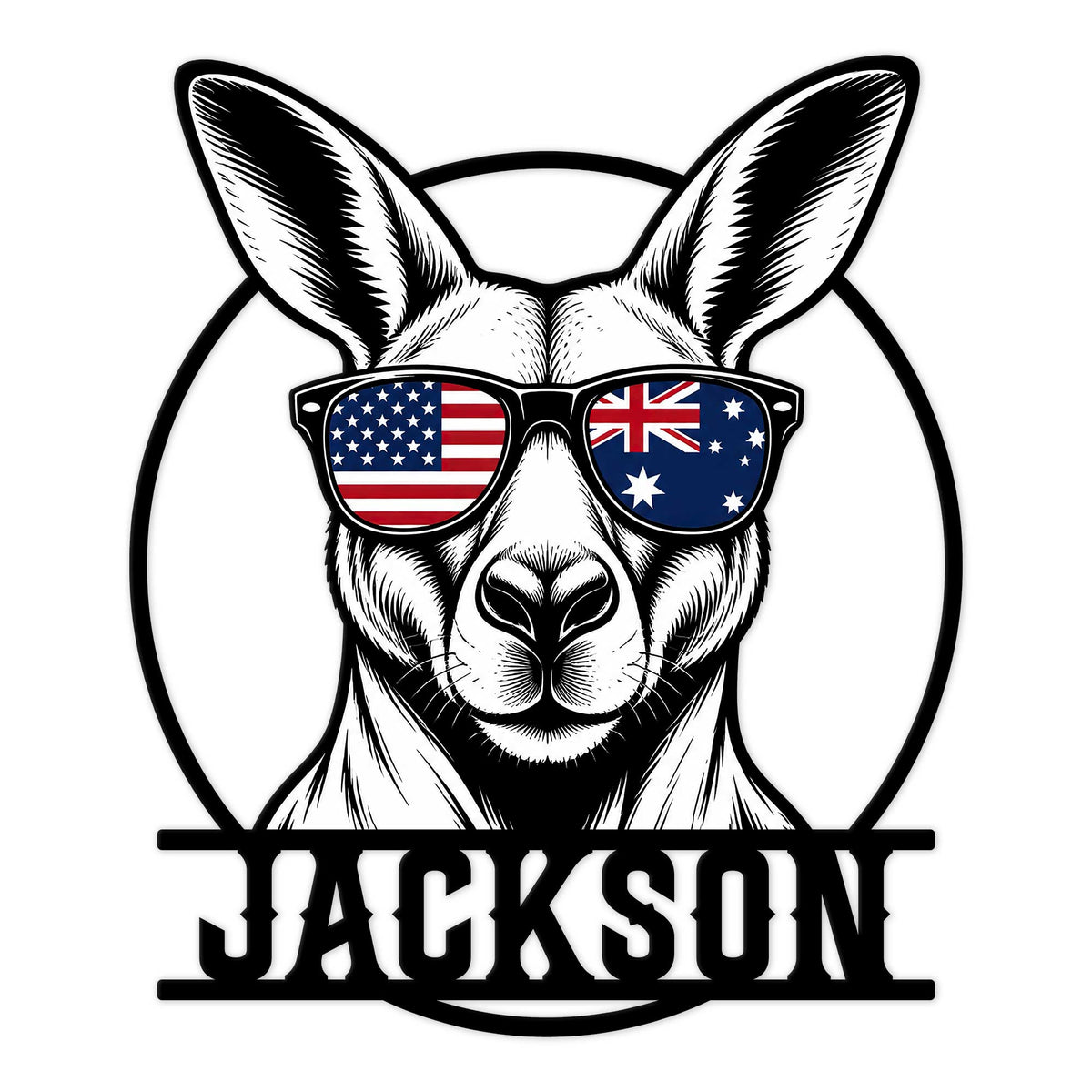 Kangaroo metal sign featuring a detailed kangaroo portrait wearing sunglasses with American and Australian flag lenses