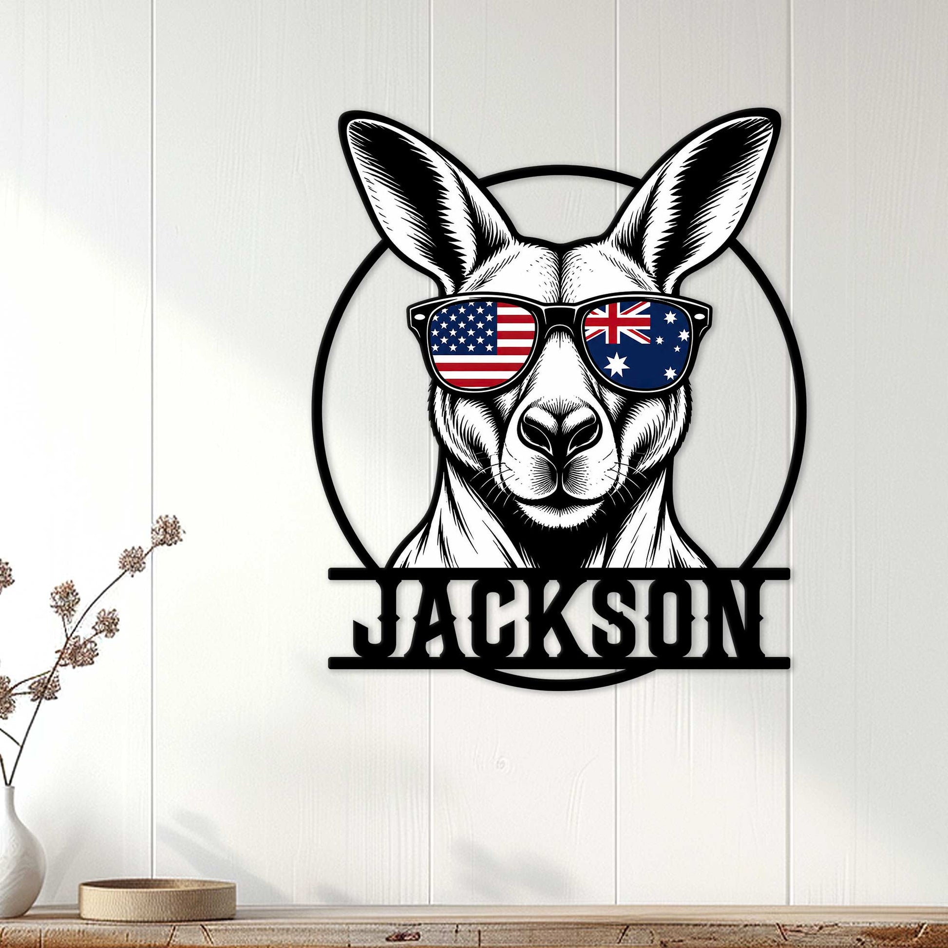 Kangaroo metal wall sign displayed on a light wood-paneled wall in a modern home interior
