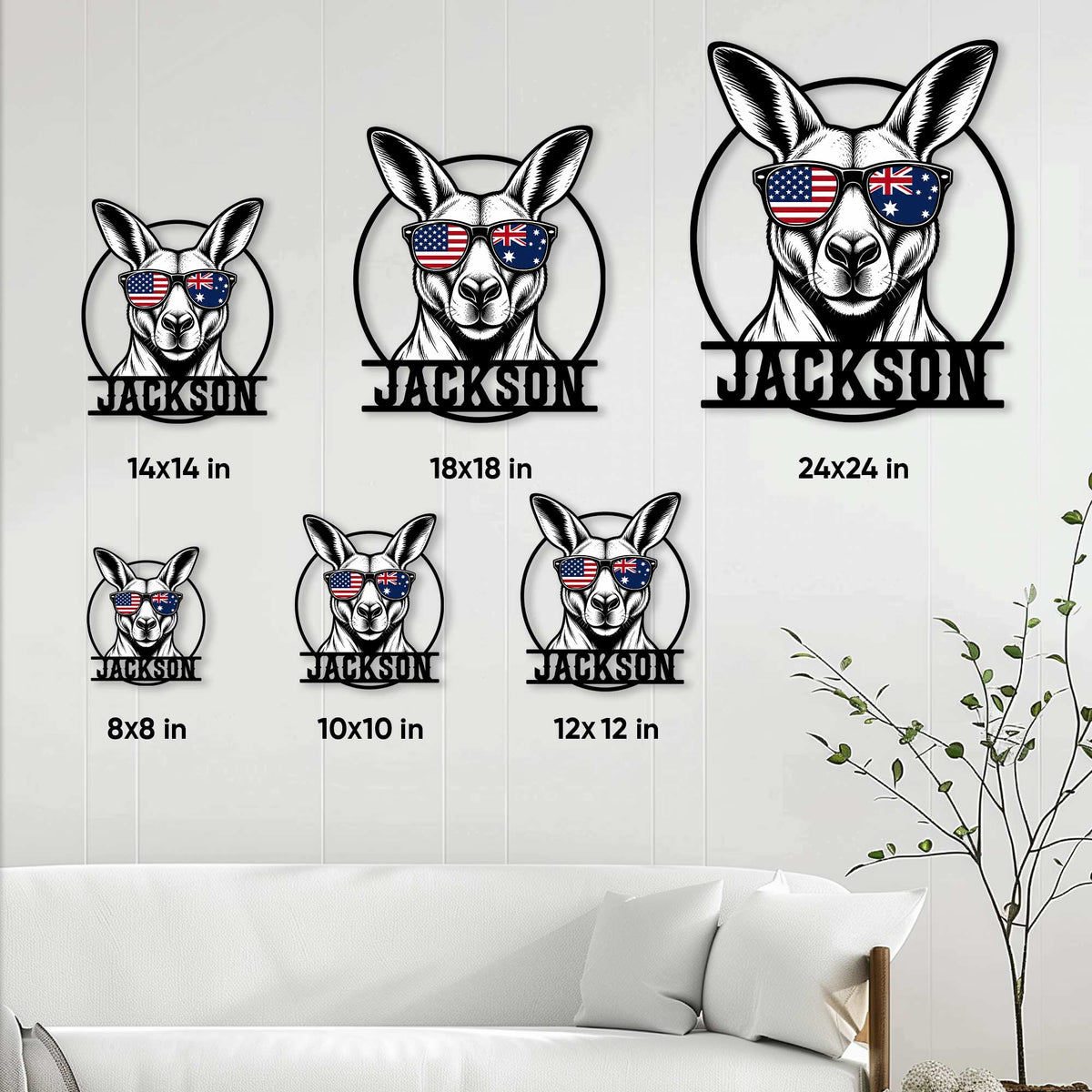 Kangaroo metal sign size guide showing multiple square size options in a bright living room setting
