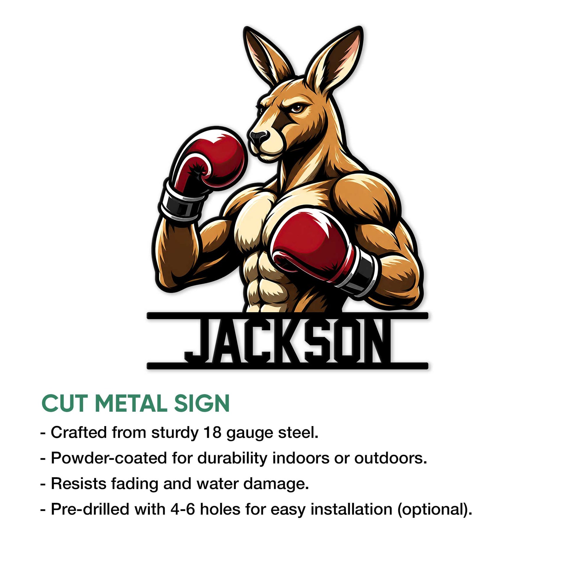 Boxing kangaroo metal sign shown with cut metal sign feature information