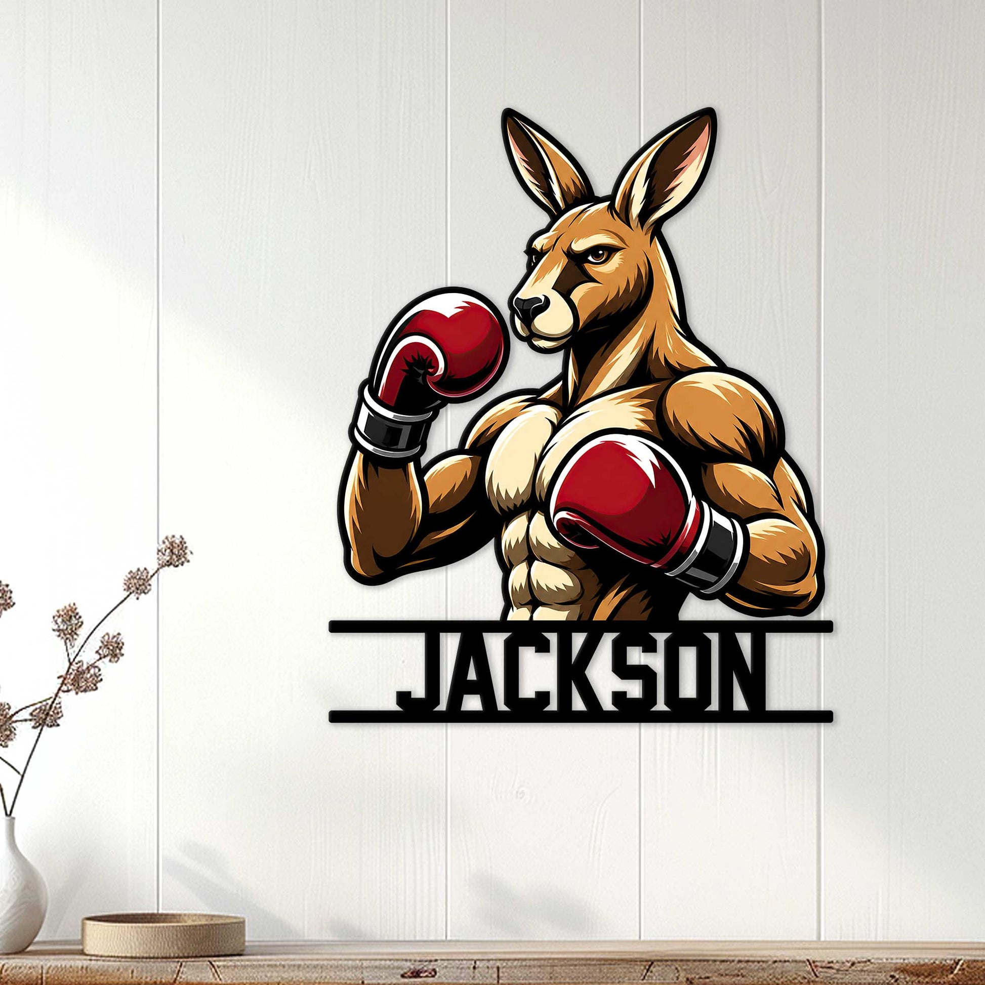 Boxing kangaroo wall sign displayed on a light wood-paneled interior wall