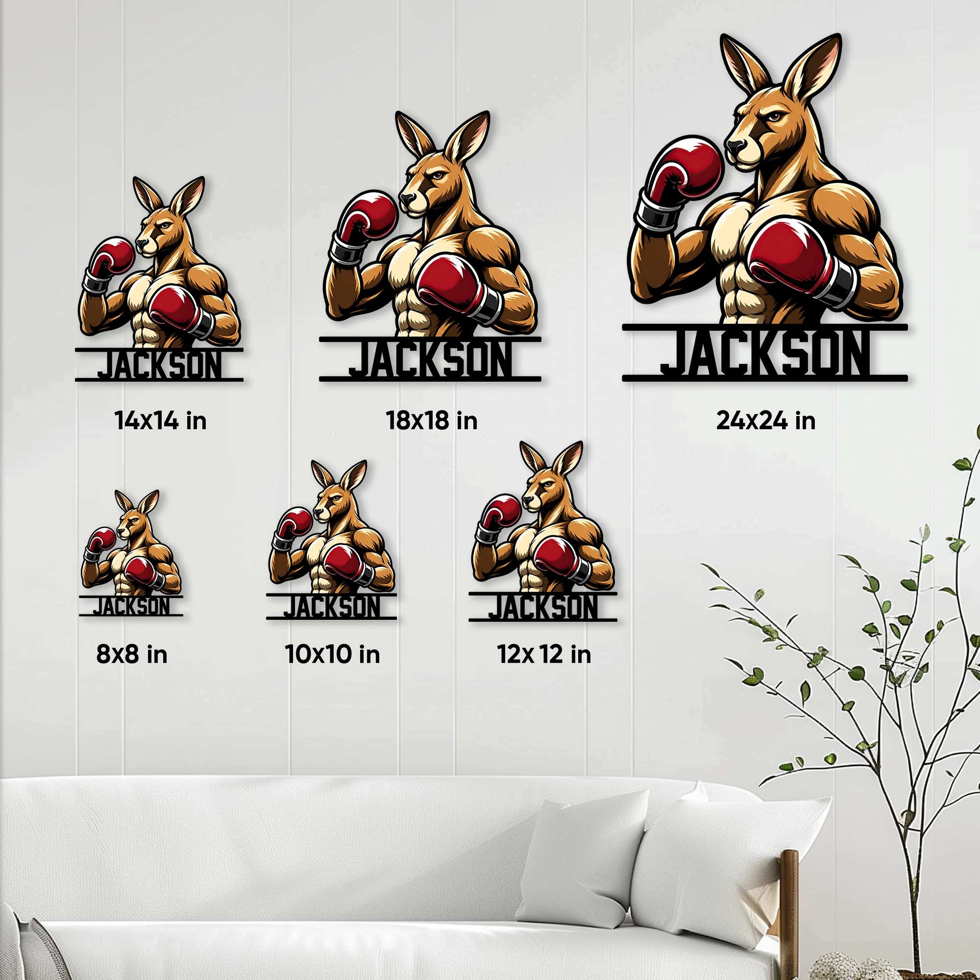 Kangaroo boxer metal sign size guide showing several available square dimensions