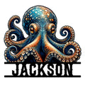 Colorful octopus metal sign featuring curling tentacles, detailed suction cups, and vivid blue and orange artwork