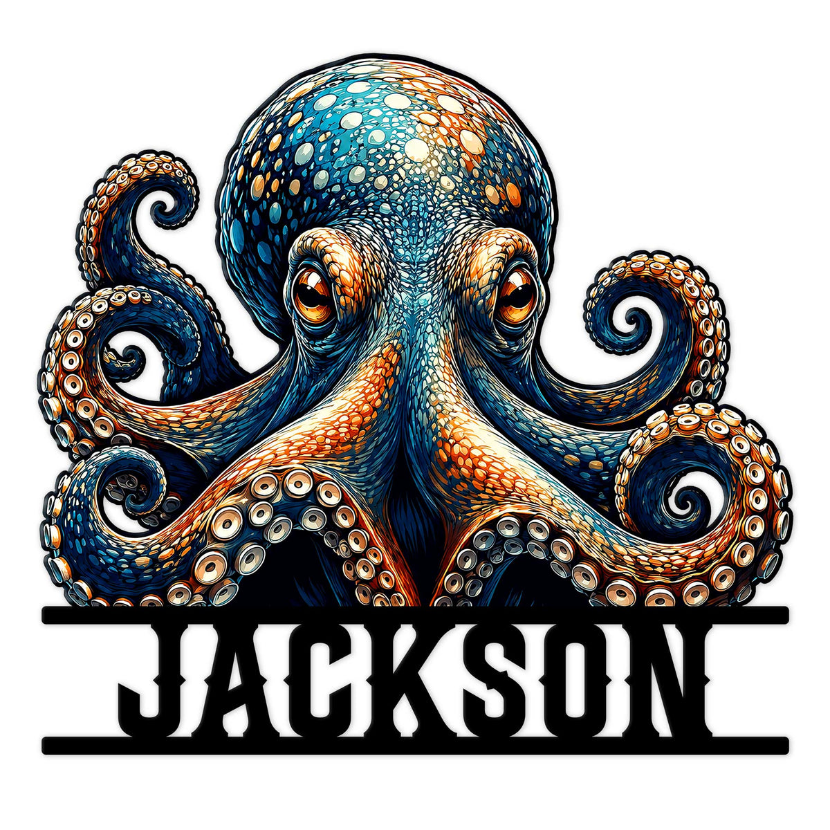 Colorful octopus metal sign featuring curling tentacles, detailed suction cups, and vivid blue and orange artwork